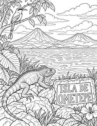 Detailed coloring page of Ometepe Twin Volcanoes from Lake Nicaragua