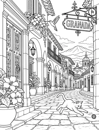 Detailed coloring page of Granada Secular Colonial Lane featuring Granada sign