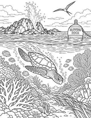 Detailed coloring page of Blowing Rock Reef Sea Turtle featuring Blowing Rock sign