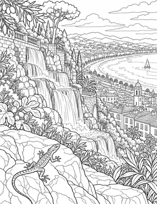 Detailed coloring page of Castle Hill Waterfall Panorama