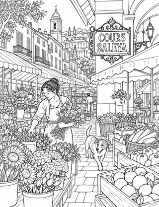 Detailed coloring page of Cours Saleya Flower Market