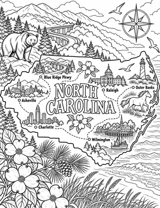 Illustrated travel map of North Carolina landmarks and attractions