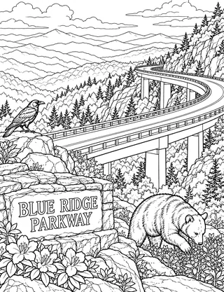 Detailed coloring page of Blue Ridge Parkway at Linn Cove Viaduct