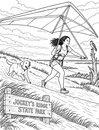 Detailed coloring page of Jockey's Ridge Hang Gliding