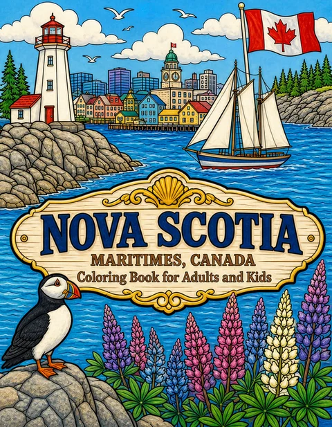 Nova Scotia Coloring Book for Adults cover illustration by Louisa May Carson