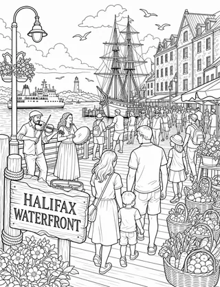 Detailed colouring page of Halifax Waterfront Morning featuring Halifax Waterfront sign