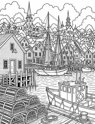 Detailed colouring page of Lunenburg Waterfront Heritage featuring Lunenburg sign