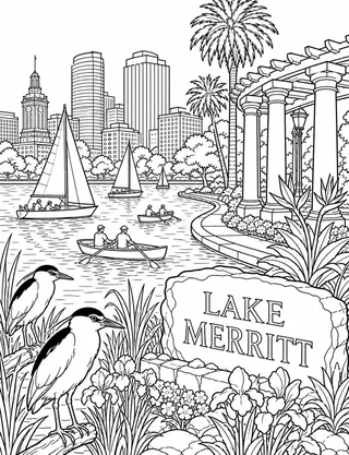 Detailed coloring page of Lake Merritt pergola featuring Lake Merritt sign