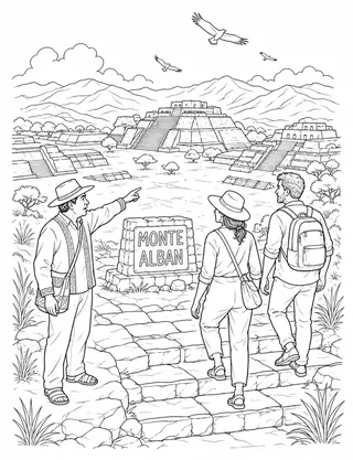 Detailed coloring page of Monte Alban hilltop plaza