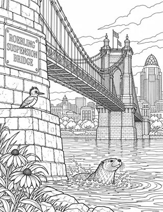 Detailed coloring page of Roebling Suspension Bridge Cincinnati