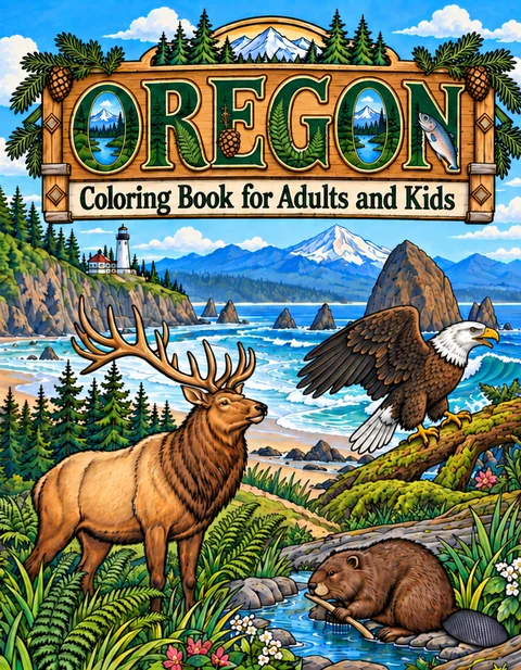 Oregon Coloring Book for Adults cover illustration by Louisa May Carson