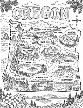 Illustrated travel map of Oregon landmarks and attractions