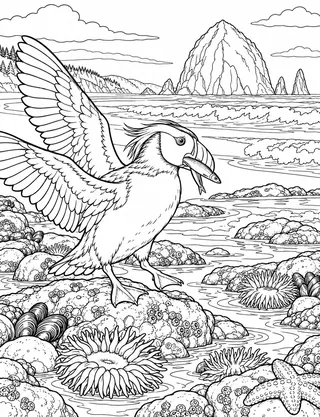 Detailed coloring page of Haystack Rock Tufted Puffin