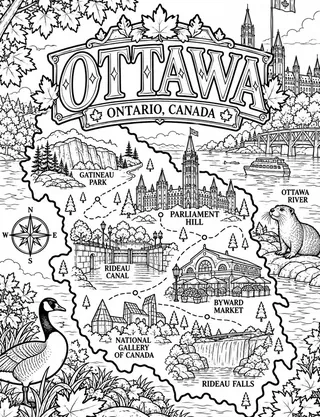 Illustrated travel map of Ottawa landmarks and attractions