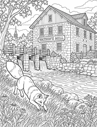 Detailed coloring page of Watson’s Mill in Manotick featuring Watson sign