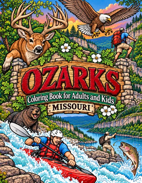 Ozarks Coloring Book for Adults cover illustration by Louisa May Carson