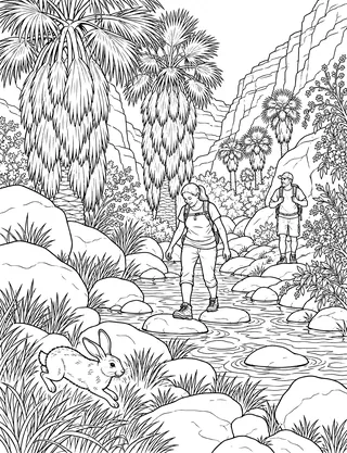 Detailed coloring page of Palm Canyon oasis hike