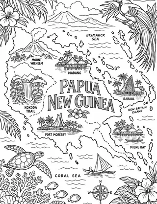 Illustrated travel map of Papua New Guinea landmarks and attractions