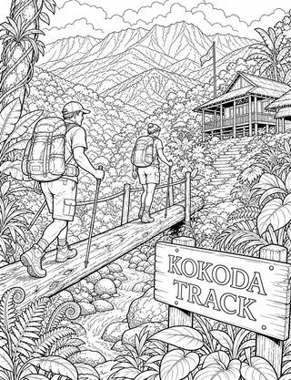 Detailed coloring page of Kokoda Track mountain trail and highland suspension bridge featuring Kokoda Track sign