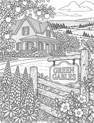 Detailed colouring page of Green Gables Heritage Place Farmhouse featuring Green Gables sign