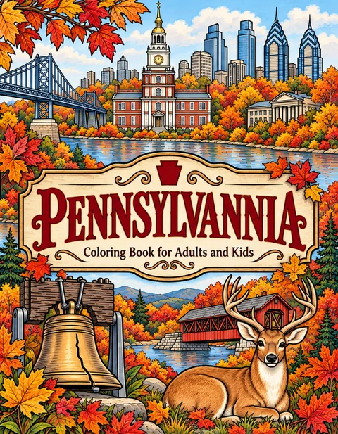 Pennsylvania Coloring Book for Adults cover illustration by Louisa May Carson