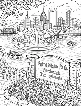 Detailed coloring page of Point State Park & Pittsburgh Three Rivers featuring Point State Park Pittsburgh Pennsylvania sign
