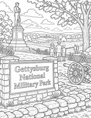 Gettysburg National Military Park Pennsylvania coloring page with detailed line art