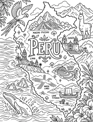Illustrated travel map of Peru landmarks and attractions