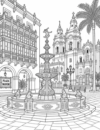 Detailed coloring page of Historic Lima balconies and fountain around Plaza Mayor featuring Plaza Mayor sign
