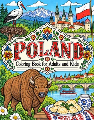 Poland Coloring Book for Adults cover illustration by Louisa May Carson