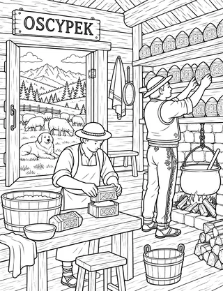 Detailed coloring page of Podhale oscypek cheesemakers featuring Oscypek sign