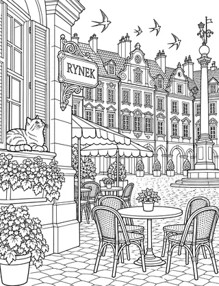 Detailed coloring page of Warsaw Old Town merchant houses featuring Rynek sign