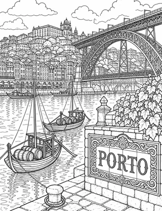 Detailed coloring page of Porto Ribeira and Dom Luís I Bridge featuring Porto sign