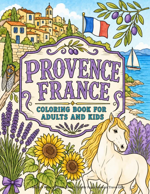 Provence Coloring Book for Adults cover illustration by Louisa May Carson