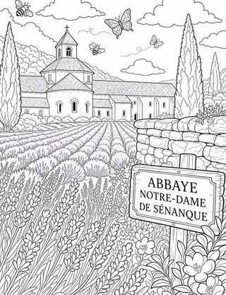Abbaye Notre-dame De Sénanque Provence coloring page with detailed line art