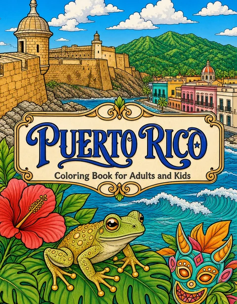 Puerto Rico Coloring Book for Adults cover illustration by Louisa May Carson