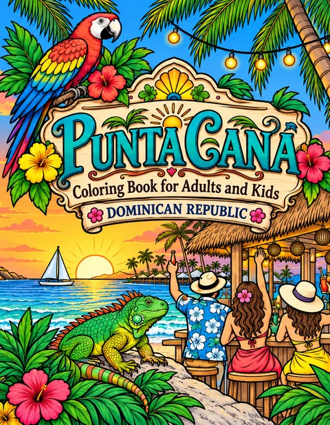 Punta Cana Coloring Book for Adults cover illustration by Louisa May Carson