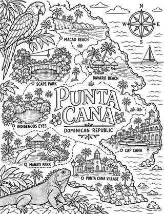 Illustrated travel map of Punta Cana landmarks and attractions
