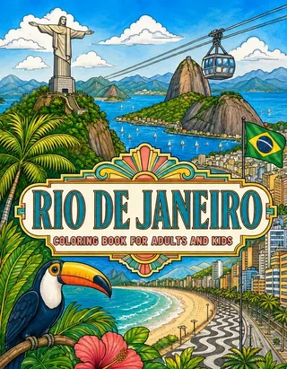 Rio de Janeiro Coloring Book for Adults cover illustration by Louisa May Carson