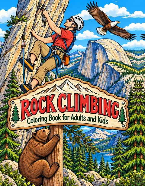 Rock Climbing Coloring Book for Adults cover illustration by Louisa May Carson