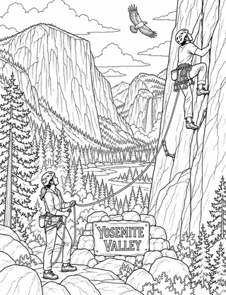 Detailed coloring page of Yosemite Valley big-wall trad team on El Capitan featuring Yosemite Valley sign