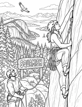 Detailed coloring page of Helmeted climber hand-jamming a Squamish granite crack featuring Squamish sign