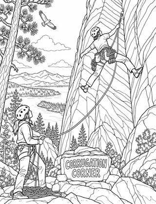 Detailed coloring page of Helmeted leader stemming the famous Corrugation Corner at Lover’s Leap with precise trad protection featuring Corrugation Corner sign