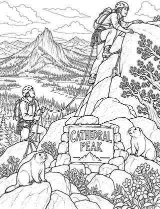 Detailed coloring page of Alpine trad rope team nearing Cathedral Peak’s summit with marmots and a landmark plaque featuring Cathedral Peak sign