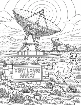 Detailed coloring page of Very Large Array Radio Astronomy Observatory featuring Very Large Array sign
