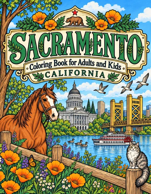 Sacramento Coloring Book for Adults cover illustration by Louisa May Carson