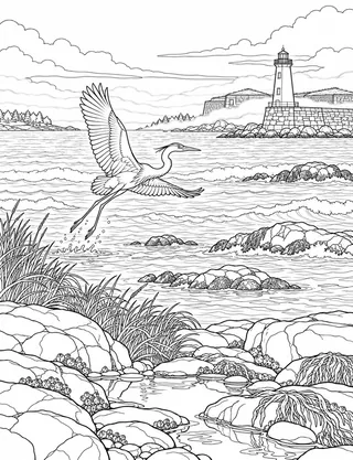 Detailed coloring page of Winter Island fog and rocky shore