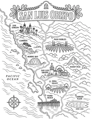 Illustrated travel map of San Luis Obispo landmarks and attractions