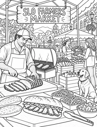 Detailed coloring page of Downtown tri-tip barbecue featuring Slo Farmers sign
