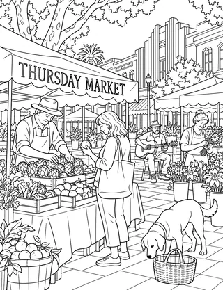 Detailed coloring page of Thursday farmers market culture featuring Thursday Market sign